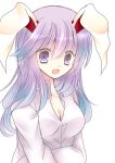  1girl animal_ears blue_hair blush breasts cleavage collared_shirt dress_shirt long_hair long_sleeves looking_at_viewer mi-ya-co multicolored_hair open_mouth purple_hair rabbit_ears reisen_udongein_inaba shirt simple_background sketch solo touhou upper_body violet_eyes white_background white_shirt 