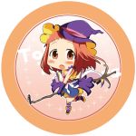  1girl :o between_legs blush boots brown_eyes chibi dress gloves harumi_kajika hat microphone microphone_stand minami_(colorful_palette) purple_gloves redhead solo standing_on_one_leg tokyo_7th_sisters witch witch_hat 