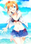  1girl ;d barefoot bikini blue_eyes blue_sky bracelet clouds collarbone flower hair_flower hair_ornament highres jewelry konase_(non_stop!) kousaka_honoka looking_at_viewer love_live!_school_idol_project navel one_eye_closed open_mouth orange_hair outdoors outstretched_hand side_ponytail sky smile solo star_print swimsuit water 