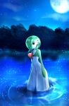  dated gardevoir highres lake moon night night_sky no_humans one_eye_covered pokemon pokemon_(creature) ripples signature sky solo sparkle violet_eyes wading yuitsuki1206 