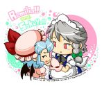 2girls apron bat_wings blue_hair bow braid closed_eyes commentary_request dated dress food food_on_face green_ribbon grey_hair hair_ribbon hat hat_bow izayoi_sakuya kingguyver maid_apron maid_headdress mob_cap multiple_girls pink_dress pink_hat puffy_short_sleeves puffy_sleeves red_bow remilia_scarlet ribbon short_hair short_sleeves touhou tress_ribbon wings 