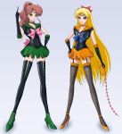  2girls aino_minako bishoujo_senshi_sailor_moon black_gloves blonde_hair blue_eyes brown_hair chain corruption dark_persona elbow_gloves eyeshadow gloves green_eyes highres horse_tail kino_makoto kiryu_(ax01) lipstick long_hair makeup middle_finger multiple_girls pixiv_manga_sample sailor_jupiter sailor_senshi sailor_venus tail tiara weapon 