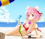  1girl adapted_costume bandages beach beach_umbrella bikini blonde_hair blue_sky boat bogyaku_no_m breasts clouds cuffs double_bun flower full_body gradient_hair holding ibaraki_kasen lying multicolored_hair on_side open_mouth pink_eyes pink_hair ramune sailboat short_hair sky solo summer swimsuit touhou 