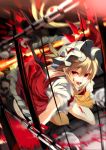  1girl :d ascot attacked blonde_hair blood blood_on_face chain fangs flandre_scarlet hat open_mouth red_eyes short_hair smile solo touhou yen_(ibukinari) 