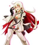  1girl albino black_gloves blush breasts candy cape center_opening cleavage contrapposto cowboy_shot cross gloves guilty_gear guilty_gear_xrd heart heart-shaped_pupils jack-o_(guilty_gear) jewelry lollipop mask mask_removed mizuyami necklace pendant pink_eyes solo standing symbol-shaped_pupils white_hair wide_sleeves 