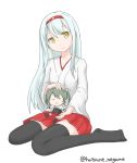  2girls :3 black_hair chibi closed_eyes closed_mouth grey_hair hair_ribbon hairband japanese_clothes kantai_collection long_hair multiple_girls muneate pleated_skirt red_skirt ribbon seiza short_hair short_sleeves shoukaku_(kantai_collection) simple_background sitting sitting_on_lap sitting_on_person skirt smile twintails twitter_username white_background white_hair white_ribbon yuta1147 zuikaku_(kantai_collection) 