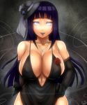  1girl black_dress black_hair breasts cleavage dress dress_lift elbow_gloves formal gloves grey_eyes highres hips huge_breasts hyuuga_hinata jewelry lipstick long_hair looking_at_viewer makeup mini_hat naruto necklace sakuama smile solo thighs 