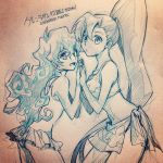  2girls bikini colored_pencil_(medium) hands_together ink_(medium) long_hair multiple_girls nia_teppelin nonosaki one-piece_swimsuit ponytail sketch smile swimsuit tengen_toppa_gurren_lagann traditional_media yoko_littner 