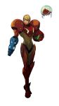  1girl arm_cannon armor blonde_hair full_body gun helmet highres jnickblack metroid metroid_(creature) neon_trim ponytail power_armor samus_aran short_hair solo varia_suit weapon white_background 