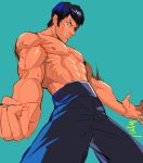  1boy abs black_hair blue_background fei_long hymc muscle pants shirtless short_hair solo street_fighter 
