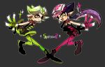 2girls :d anjap black_hair callie_(splatoon) cousins dress earrings fangs food food_on_head gloves green_legwear jewelry long_hair marie_(splatoon) mask mole mole_under_eye multiple_girls object_on_head open_mouth orange_eyes pantyhose pointy_ears purple_legwear short_hair smile splatoon strapless_dress sushi tentacle_hair unitard