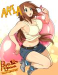  1girl agawa_ryou balloon belt breasts brown_hair cleavage denim denim_shorts high_heels large_breasts long_hair navel open_mouth shorts solo thighs 