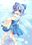  1girl barefoot blue_dress blue_eyes blue_hair bow cirno dress hair_bow ice ice_wings niiya open_mouth outstretched_arm puffy_short_sleeves puffy_sleeves shirt short_sleeves smile solo touhou wings 