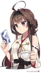 1girl 2015 ahoge brown_hair cd_case cup dated detached_sleeves hair_intakes hairband headphones highres holding kantai_collection kongou_(kantai_collection) kuro_chairo_no_neko long_hair nontraditional_miko o3o paw_print simple_background solo teacup twitter_username violet_eyes white_background 