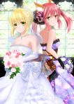  2girls ahoge animal_ears blonde_hair bouquet breasts bride caster_(fate/extra) dress fate/extra fate_(series) flower fox_ears fox_tail green_eyes multiple_girls pink_hair saber_extra tail veil wedding_dress white_dress yellow_eyes 