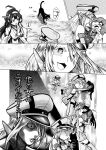  2girls :3 ahoge bare_shoulders bismarck_(kantai_collection) cat cheating detached_sleeves double_bun gloves grass greyscale hair_ornament hairband hat highres japanese_clothes kantai_collection kiss kongou_(kantai_collection) kriegsmarine long_hair looking_at_another looking_to_the_side military military_uniform monochrome multiple_girls munmu-san netorare nontraditional_miko open_mouth peaked_cap smile tama_(kantai_collection) uniform 