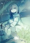  1girl barefoot bird cape commentary_request feet_in_water looking_at_viewer muted_color original plant sakata_kaname short_hair sitting smile soaking_feet water 