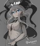  1girl arceonn blue_eyes bodysuit breasts dated glowing glowing_eyes hat kantai_collection long_hair shinkaisei-kan solo twitter_username wo-class_aircraft_carrier 