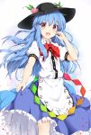  1girl blue_hair boushi_(nandemo) bow food fruit hat highres hinanawi_tenshi long_hair looking_at_viewer open_mouth peach puffy_short_sleeves puffy_sleeves red_eyes shirt short_sleeves skirt skirt_lift smile solo touhou very_long_hair 