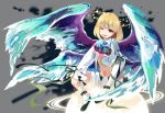  1boy angel_wings anklet beatmania beatmania_iidx blonde_hair darkness earth hand_on_own_knee head_tilt highres holding jacket jewelry looking_at_viewer mars_symbol multiple_wings navel one_eye_closed open_clothes open_jacket otoko_no_ko rche_(beatmania) red_eyes ribbon sakata_kaname shoes short_hair short_shorts shorts sitting smile solo sparkle tattoo thigh-highs white_legwear wings zettai_ryouiki 
