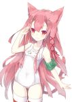  1girl :3 animal_ears cat_ears cat_tail highres long_hair original pink_hair red_eyes sakofu school_swimsuit simple_background solo striped striped_legwear swimsuit tail thigh-highs 