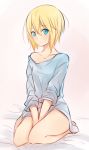  1girl aqua_eyes between_legs blonde_hair blush edna_(tales) flat_chest full_body hand_between_legs looking_at_viewer naked_shirt off_shoulder on_bed shirt short_hair sitting solo t-shirt tales_of_(series) tales_of_zestiria tusia wariza 