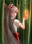  1girl bamboo bamboo_forest burning_hand expressionless facing_away fire forest from_behind fujiwara_no_mokou koto_(shiberia39) long_hair nature ponytail raised_hand red_eyes solo suspenders torn_clothes torn_sleeves touhou very_long_hair white_hair 