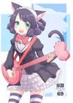  1girl animal_ears bell blush bonnet bow cat_ears cat_tail cyan_(show_by_rock!!) drill_hair green_eyes guitar instrument juliet_sleeves kokotetsu long_sleeves open_mouth puffy_sleeves purple_hair shirt show_by_rock!! skirt smile solo striped striped_legwear tail thigh-highs zettai_ryouiki 