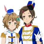  2girls arm_on_shoulder band_uniform bow brown_hair cp9a feathers gloves hair_bow hair_ornament hairclip hat hat_feather hibike!_euphonium katou_hazuki kawashima_sapphire multiple_girls short_hair white_background white_gloves yellow_eyes 