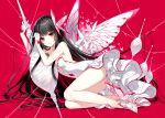  1girl black_eyes black_hair butterfly butterfly_hair_ornament butterfly_wings dress gloves hair_ornament half_gloves long_hair nardack original red_background silk simple_background small_breasts smile solo strapless_dress toeless_legwear white_dress white_gloves wings 