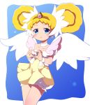  1girl angel_wings blonde_hair bloomers blue_eyes blush brooch candy_(smile_precure!) choker double_bun earrings heart heart_hands jewelry personification precure royal_candy short_hair skirt smile_precure! solo tiara ts1016 underwear white_wings wings yellow_skirt 