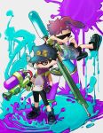  2boys bike_shorts blue_hair gun halu-ca jojo_no_kimyou_na_bouken kakyouin_noriaki kuujou_joutarou multiple_boys paint_splatter parody redhead rifle sniper_rifle splatoon sunglasses super_soaker tentacle_hair weapon 