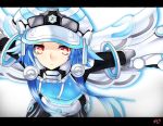  1girl blanc blue_hair choujigen_game_neptune gauntlets hat highres neptune_(series) next_white red_eyes weapon white_heart wings 
