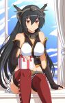  1girl black_hair box elbow_gloves fingerless_gloves gift gift_box gloves hairband highres jewelry kantai_collection long_hair looking_at_viewer midriff nagato_(kantai_collection) red_eyes ribbon ring shin&#039;en_(gyokuro_company) sitting smile solo thigh-highs wedding_band 