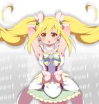  1girl :o armpits arms_up blonde_hair blush bow brooch brown_eyes choker cure_echo earrings hair_bow hair_ornament heart heart_earrings heart_hair_ornament jewelry long_hair magical_girl pink_bow precure precure_all_stars_new_stage:_mirai_no_tomodachi sakagami_ayumi skirt solo striped striped_bow ts1016 twintails 
