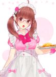  1girl ahoge ama_mitsuki apron blush bow brown_hair food glasses long_hair looking_at_viewer maid_headdress omurice open_mouth original solo tray twintails waitress 