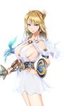  1girl bare_shoulders blonde_hair blue_eyes braid breasts earrings hand_on_hip highres jewelry kamitsuki_manmaru large_breasts long_hair looking_at_viewer naughty_face shield sideboob simple_background skirt smile solo sophitia_alexandra soulcalibur sword weapon white_background 