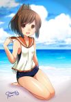  1girl arai_cherry artist_name bare_shoulders barefoot beach brown_eyes brown_hair hair_ornament i-401_(kantai_collection) kantai_collection looking_at_viewer open_mouth outdoors ponytail sailor_collar sand school_swimsuit seiza short_hair sitting sleeveless smile solo swimsuit swimsuit_under_clothes 