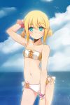  1girl :&lt; aqua_eyes bare_shoulders bikini blonde_hair blush bracelet contrapposto edna_(tales) flat_chest groin hair_ribbon jewelry navel ribbon short_twintails solo standing strapless swimsuit tales_of_(series) tales_of_zestiria tubetop tusia twintails 