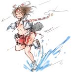  1girl arceonn brown_hair fleeing headband kantai_collection one_eye_closed red_eyes sketch skirt socks solo torn_clothes torn_skirt walking walking_on_water zuihou_(kantai_collection) 