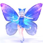  .co 1girl blue_eyes blue_hair bow butterfly_wings cirno commentary covered_navel evil_smile hair_bow highres loafers looking_at_viewer magic neck_ribbon open_mouth outstretched_arm puffy_short_sleeves puffy_sleeves ribbon serious shoes short_hair short_sleeves smile solo touhou wings 