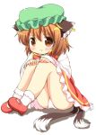  1girl :t animal_ears brown_eyes brown_hair cat_ears cat_tail chen closed_mouth green_hat jewelry long_sleeves mob_cap multiple_tails nekomata panties pantyshot pantyshot_(sitting) pila-pela pout short_hair simple_background single_earring sitting solo tail touhou two_tails underwear white_background white_panties 