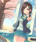  1girl arm_support black_hair blazer bow brown_eyes cherry_blossoms desk diploma hair_ornament hairclip highres kame^^ looking_at_viewer one_eye_closed open_mouth original short_hair smile solo tears v wind 