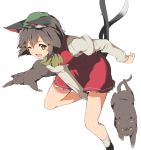  1girl ;d animal_ears brown_hair cat cat_ears cat_tail chen commentary_request fang green_hat hasebe_yuusaku jewelry long_sleeves mob_cap multiple_tails nekomata one_eye_closed open_mouth short_hair simple_background single_earring smile solo tail touhou two_tails white_background 