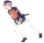  1boy akita_toushirou blue_eyes hat legwear_under_shorts male_focus military military_uniform necktie open_mouth pantyhose paruru_(yu-cho) pink_hair shorts smile sword tantou touken_ranbu uniform weapon white_legwear 