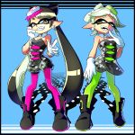 +_+ 2girls :d black_hair breasts callie_(splatoon) cleavage cousins detached_collar dress earrings fangs food food_on_head full_body gloves green_legwear grin hair_rings hand_on_own_cheek hand_on_own_face highres jewelry long_hair marie_(splatoon) mask mole mole_under_eye multiple_girls object_on_head open_mouth orange_eyes pantyhose pointy_ears purple_legwear short_hair silver_hair smile splatoon strapless_dress sushi symbol-shaped_pupils tentacle_hair unitard white_gloves