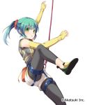  1girl absurdres carabiner detached_sleeves emilion fingerless_gloves gloves green_eyes green_hair harness highres leggings looking_at_viewer ponytail rock_climbing rope solo 