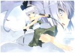  2girls blush bow grey_eyes hairband katana konpaku_youmu leg_up long_hair looking_at_viewer mononobe_no_futo multiple_girls open_clothes open_mouth open_vest ponytail profile projected_inset puffy_sleeves scan scan_artifacts short_hair short_sleeves silver_hair skirt skirt_set smile sword touhou ueda_ryou vest weapon 