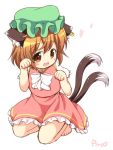  1girl :3 :d animal_ears barefoot brown_eyes brown_hair cat_ears cat_tail chen fang green_hat heart jewelry mob_cap multiple_tails nekomata open_mouth paw_pose pila-pela seiza short_hair short_sleeves simple_background single_earring sitting smile solo tail touhou two_tails white_background 
