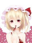 1girl blonde_hair blood bloody_hands blush fangs fingernails flandre_scarlet floral_background flower hat hat_ribbon highres long_fingernails looking_at_viewer mob_cap nude open_mouth red_eyes ribbon short_hair side_ponytail solo surota tongue tongue_out touhou upper_body white_background 
